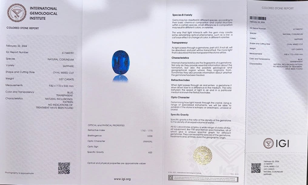 IGI Certified Blue Sapphire of 3.57 Ct