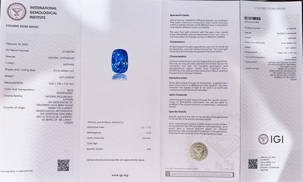 IGI Certified Natural Blue Sapphire of 6.07 Ct 