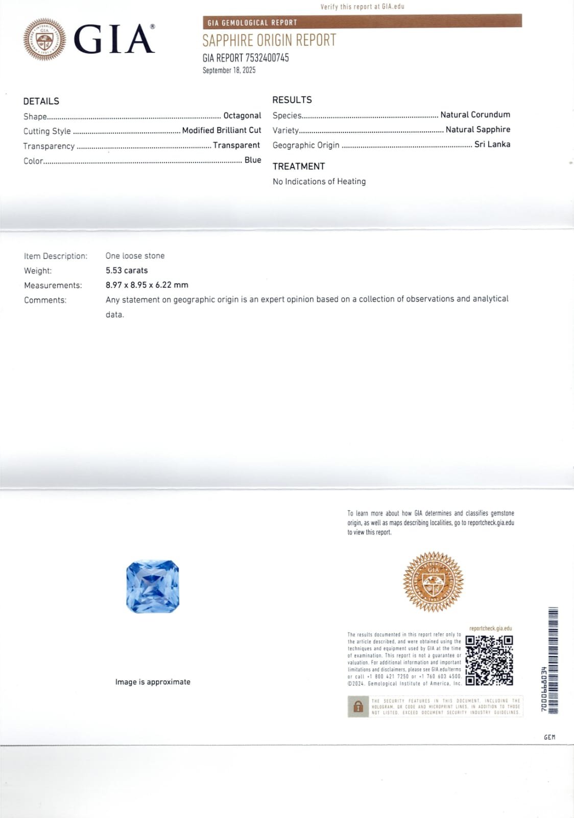 GIA certified 5.53 Carat Sri Lanka Natural Sapphire 