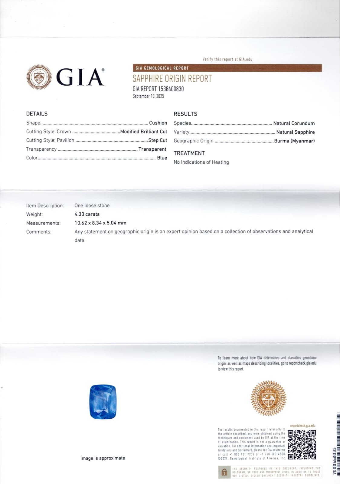 GIA certified 4.33 Carat Burma (Myanmar) Natural Sapphire 