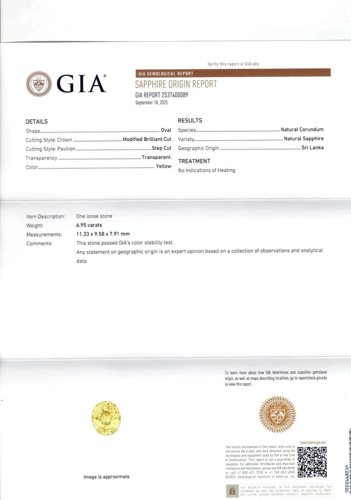 GIA certified 6.95 Carat Sri Lanka Natural Yellow Sapphire 