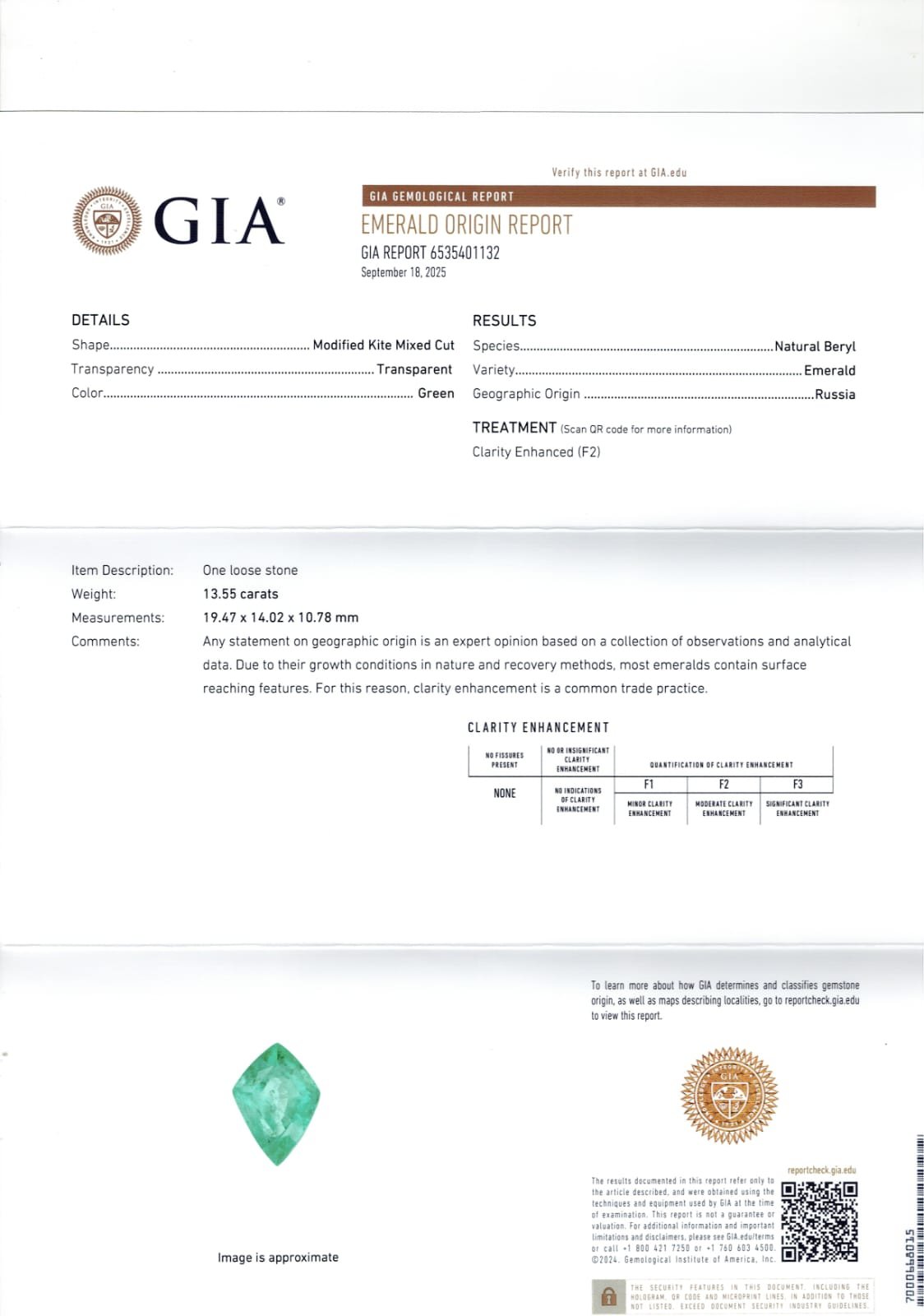 GIA certified 13.55 Carat Russia Natural Emerald 