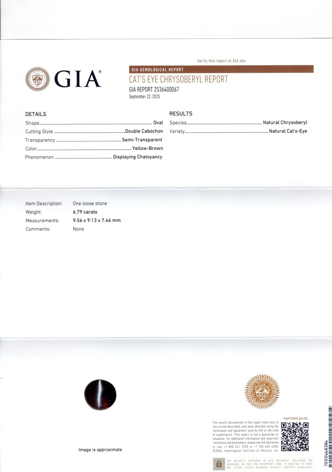 GIA certified 6.79 Carat Natural Cat's - Eye