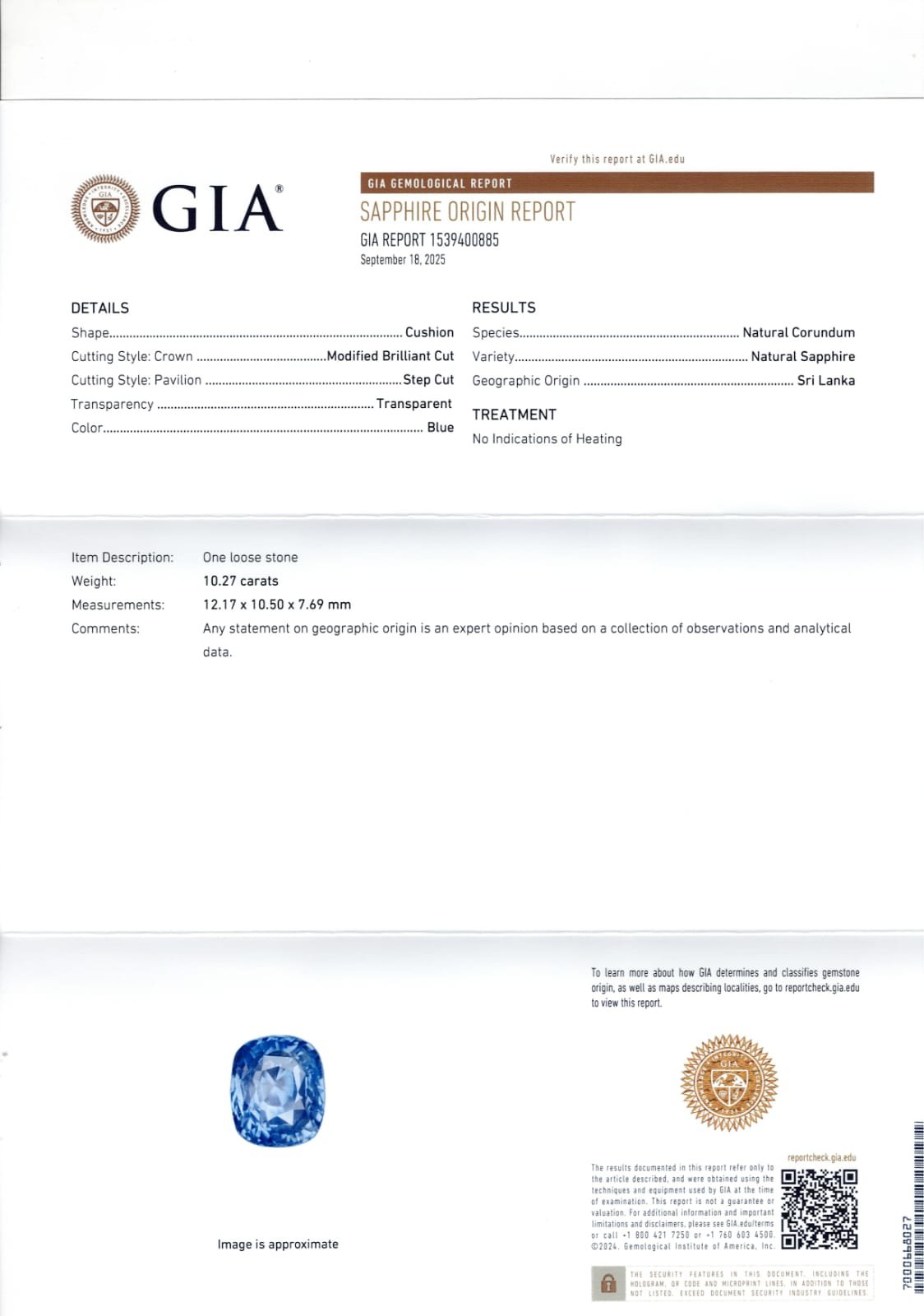 GIA certified 10.27 Carat Sri Lanka Natural Blue Sapphire 