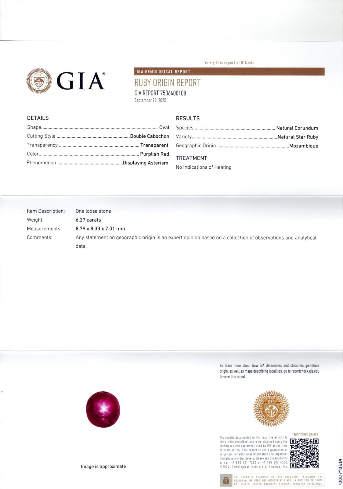 GIA certified 6.27 Carat Mozambique Natural Star Ruby