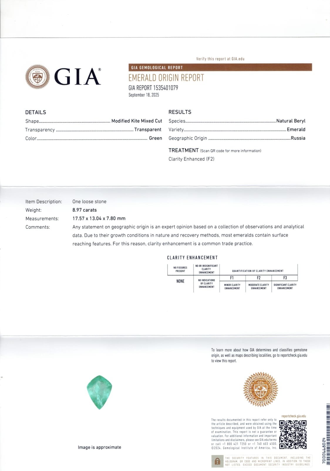 GIA certified 8.97 Carat Russia Natural Emerald 