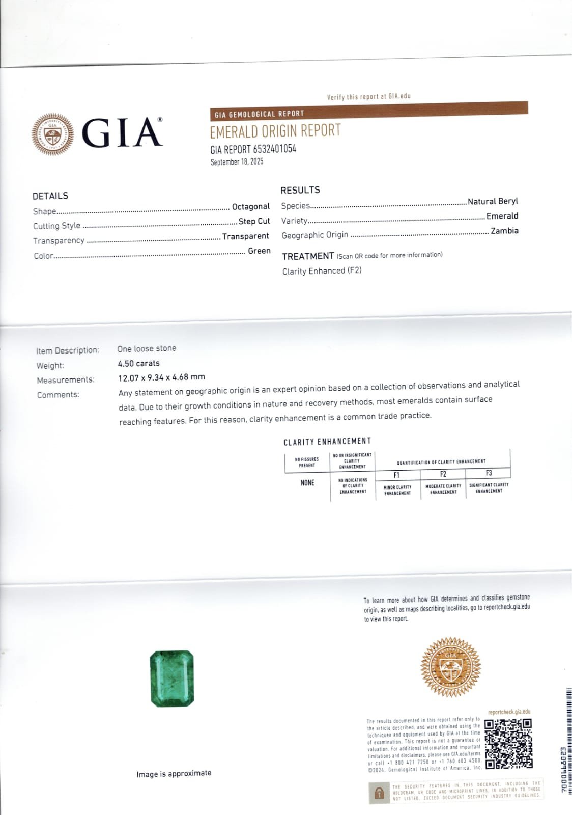 GIA certified 4.50 Carat Zambia Natural Emerald 