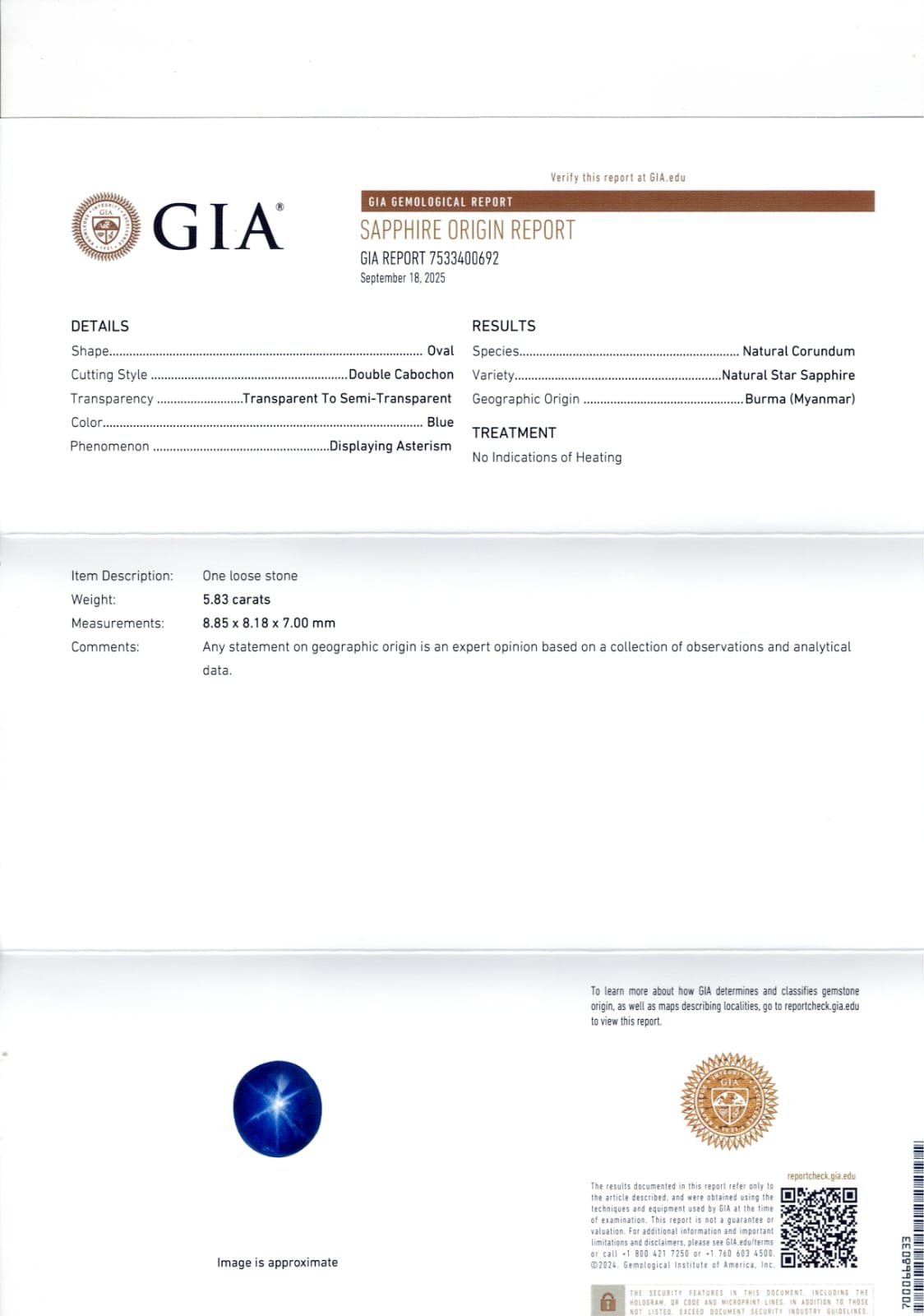 GIA certified 5.83 Carat Burma (Myanmar) Natural Star Blue Sapphire