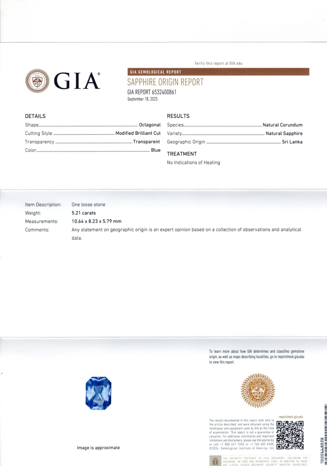 GIA certified 5.21 Carat Sri Lanka Natural Blue Sapphire 
