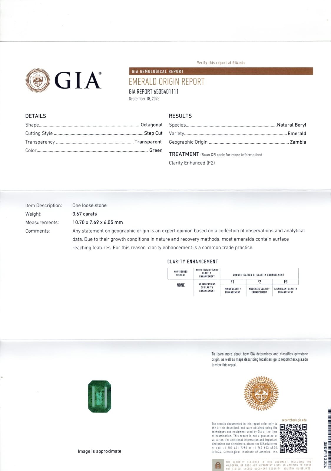 GIA certified 3.67 Carat Zambia Natural Emerald 