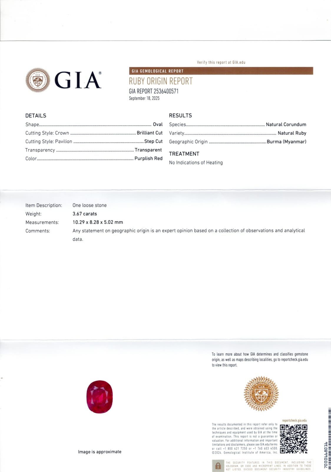GIA certified 3.67 Carat Burma (Myanmar) Natural Ruby