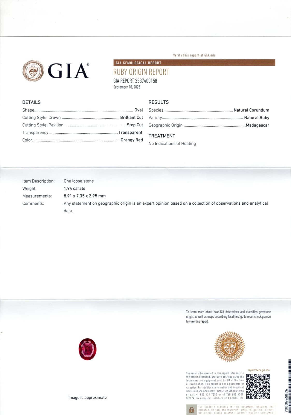 GIA certified 1.94 Carat Madagascar Natural Red Ruby 