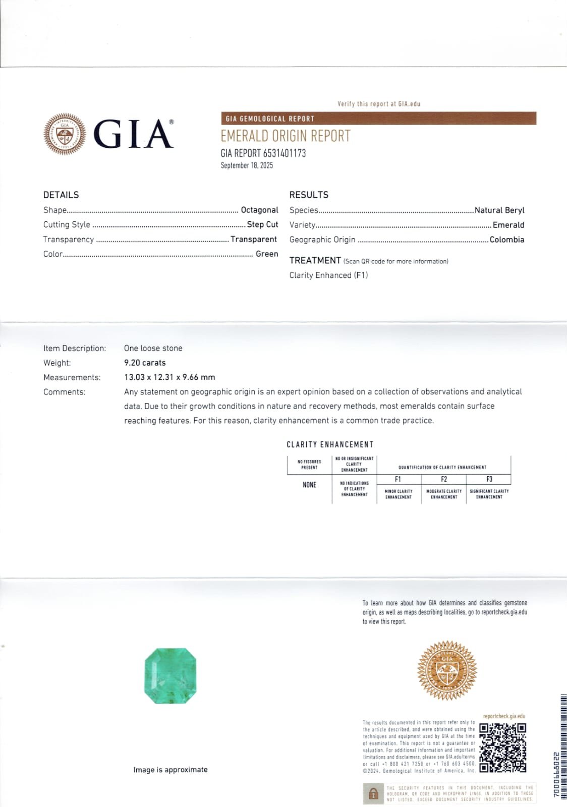 GIA certified 9.20 Carat Colombia Natural Emerald 