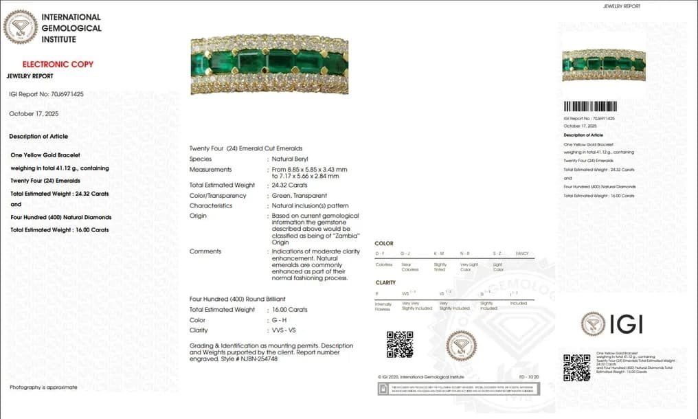 Bangle - 18 kt. Yellow gold - 40.32ct. tw. Emerald - Diamond - Size Adjustable