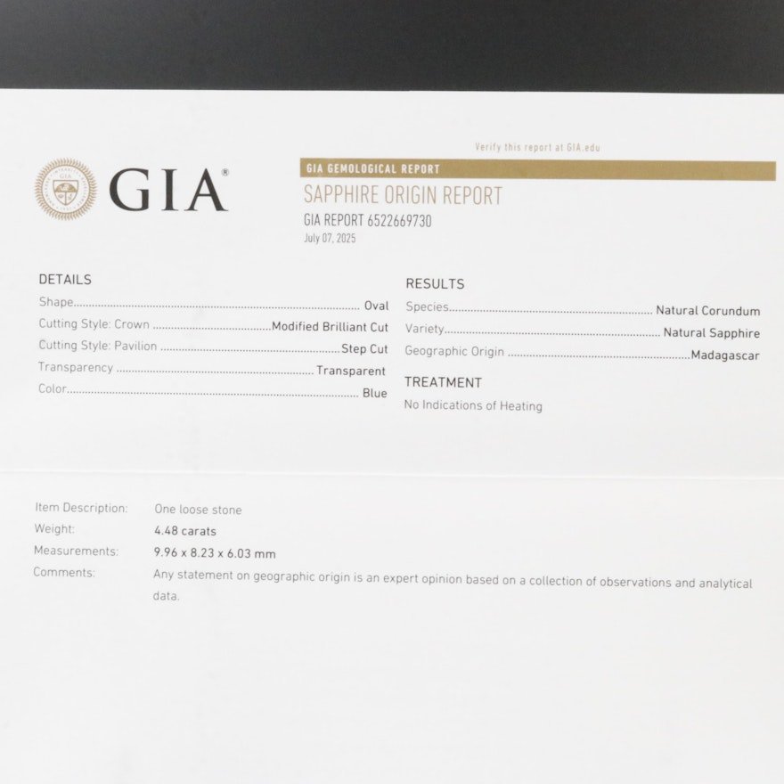 18K 4.48 CT No Heat Sapphire and 0.32 ctw Diamond Ring with GIA Origin Report
