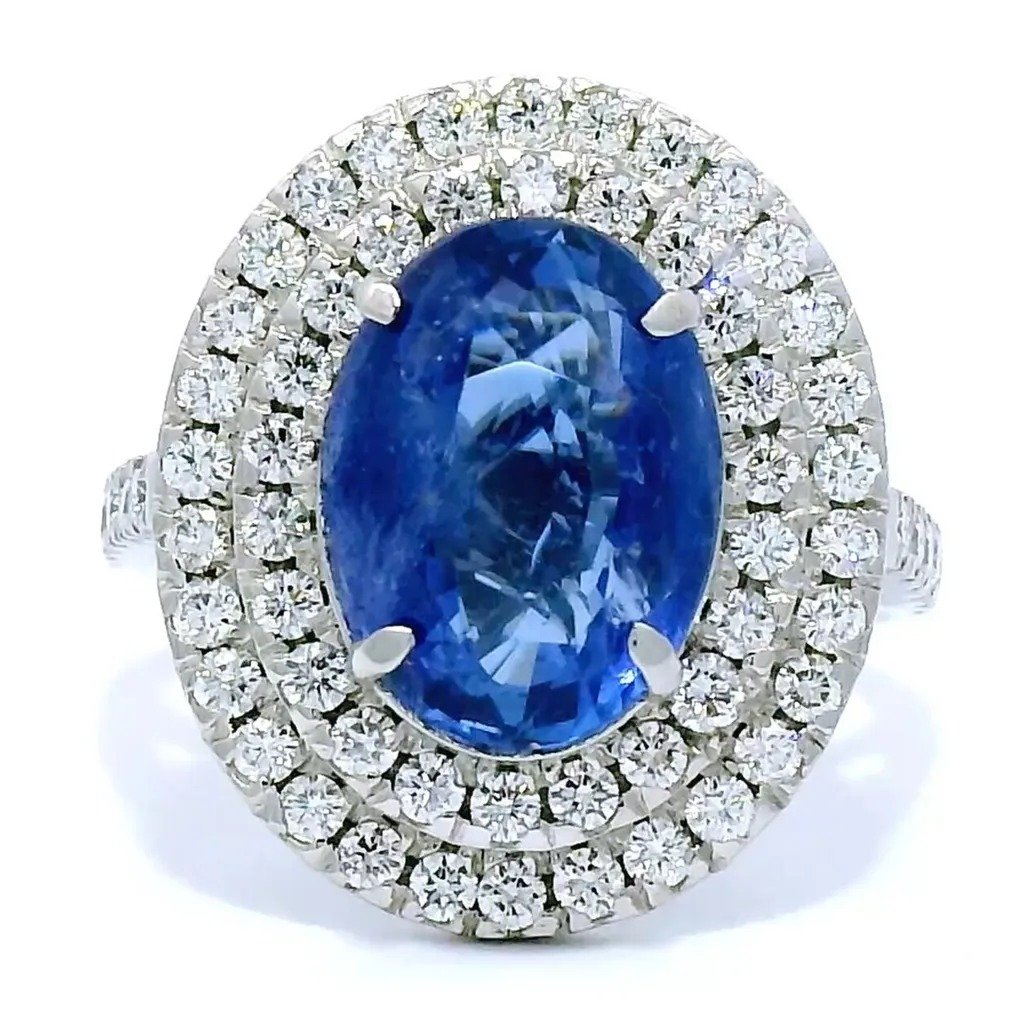 Ring Platinum - 6.13ct. tw. Sapphire - Diamond - IGI - Exclusive Sapphire