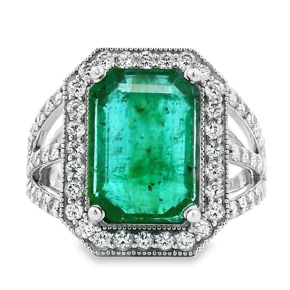 Ring - 14 kt. White gold - 6.15ct. tw. Emerald - Diamond - Beautiful Wedding ring