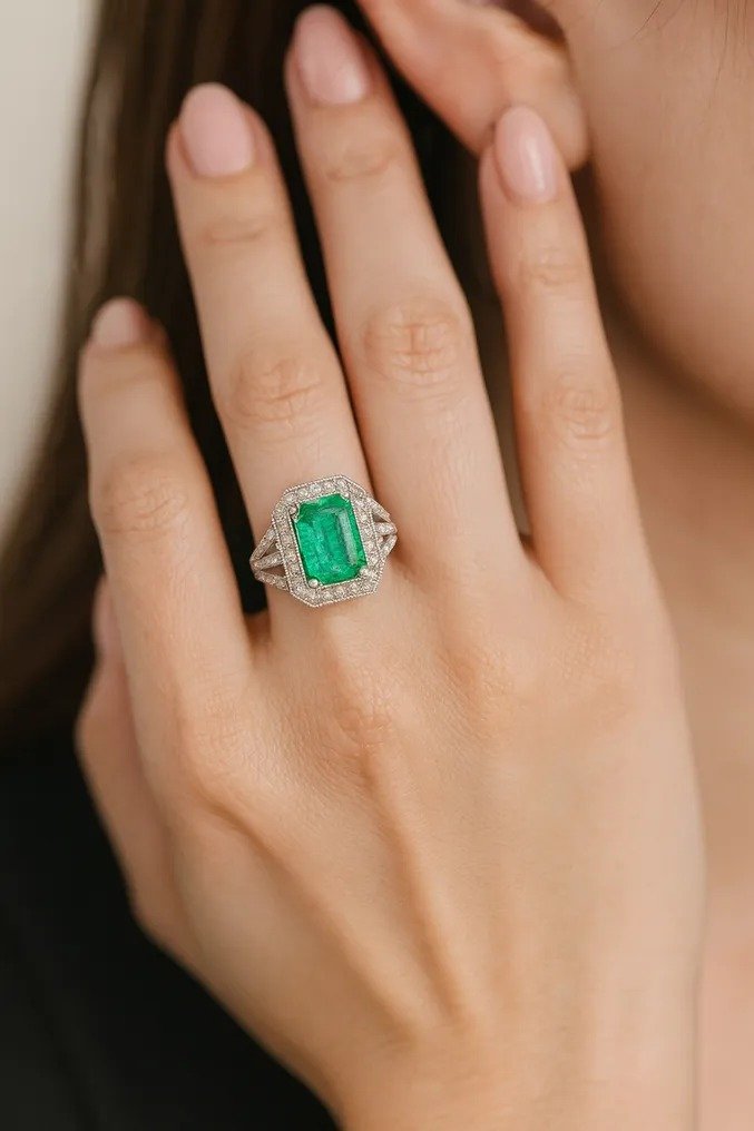 Ring - 14 kt. White gold - 6.15ct. tw. Emerald - Diamond - Beautiful Wedding ring