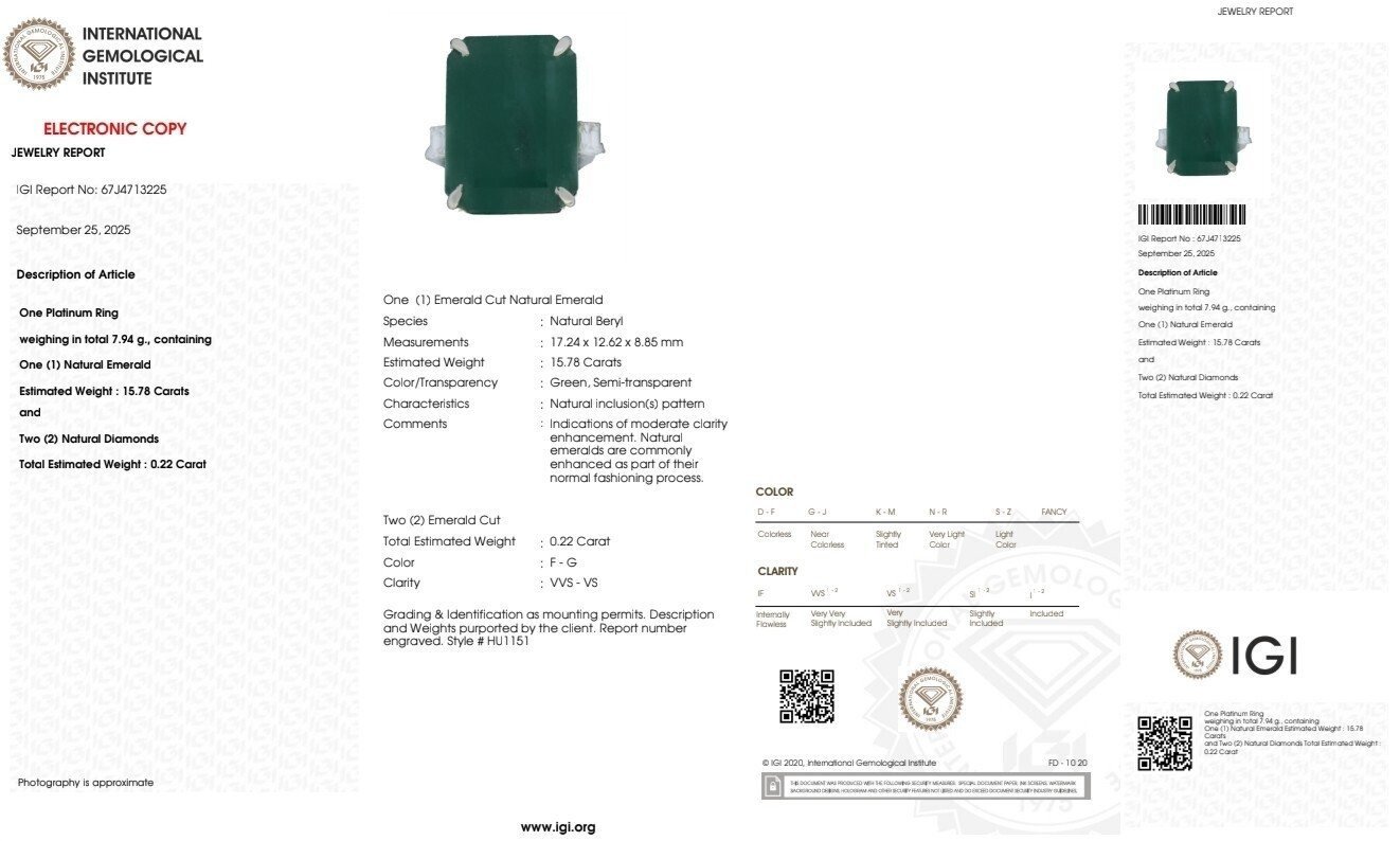 IGI Certified 16.00ct. tw. Emerald - Diamond Ring Platinum