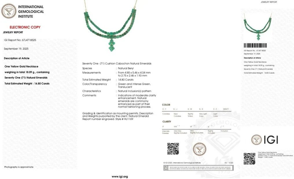 IGI Certified 14.80ct. tw. Emerald Necklace - 14 kt. Yellow gold