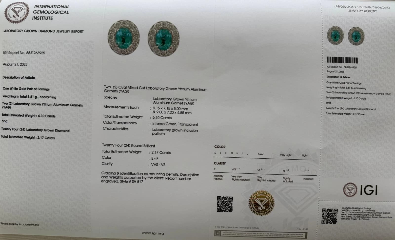 14k white gold 8.27 ct tw. lab-grown Emerald-Diamond Earrings IGI Certified