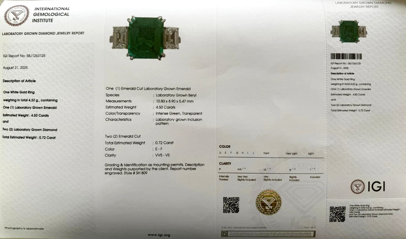 IGI Certified 5.22 ct tw. lab-grown Emerald-Diamond Ring 14k white gold
