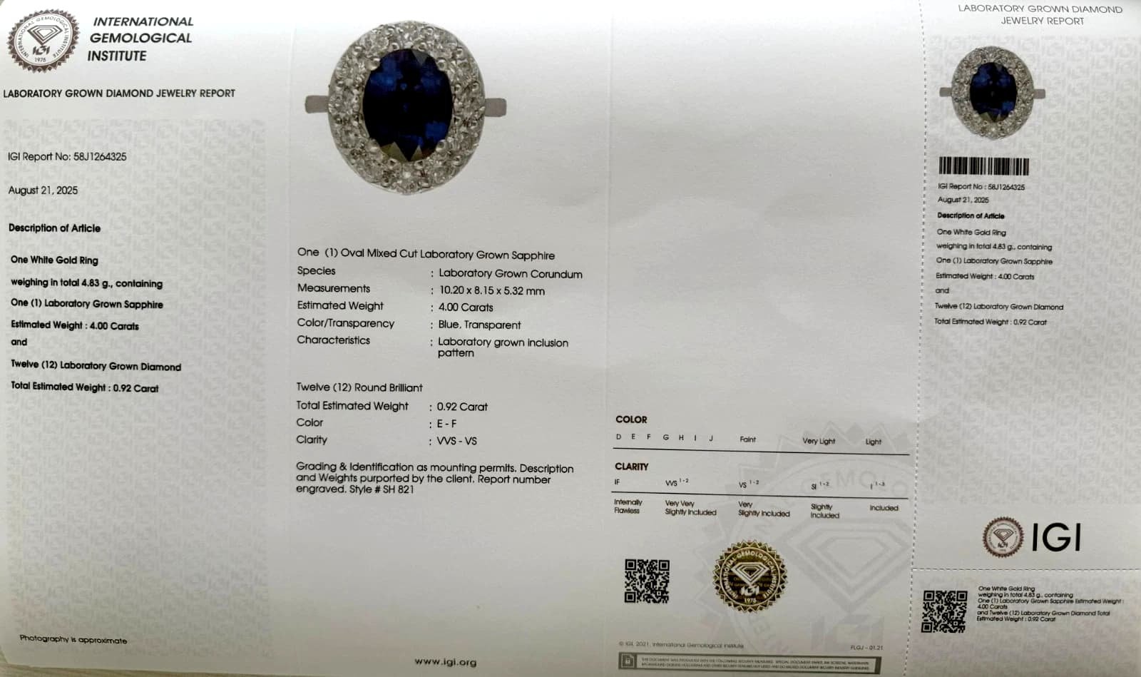 IGI Certified 4.92 ct tw. lab-grown Sapphire-Diamond Ring 14k white gold
