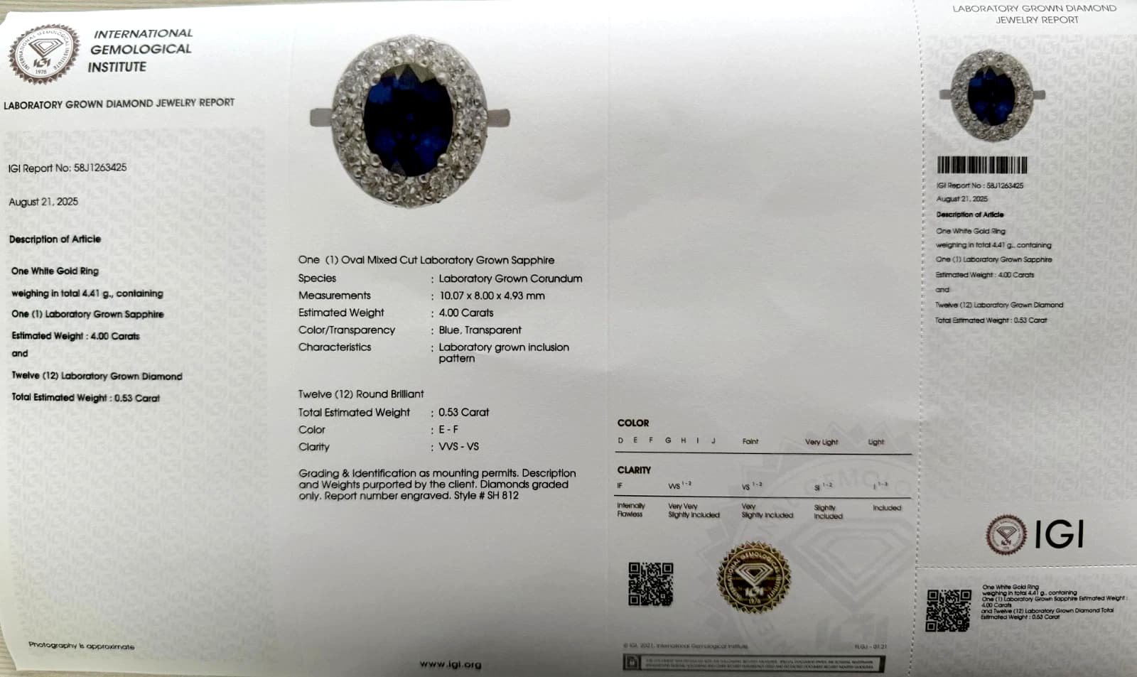 IGI Certified 4.53 ct tw. lab-grown Sapphire-Diamond Ring 14k white gold