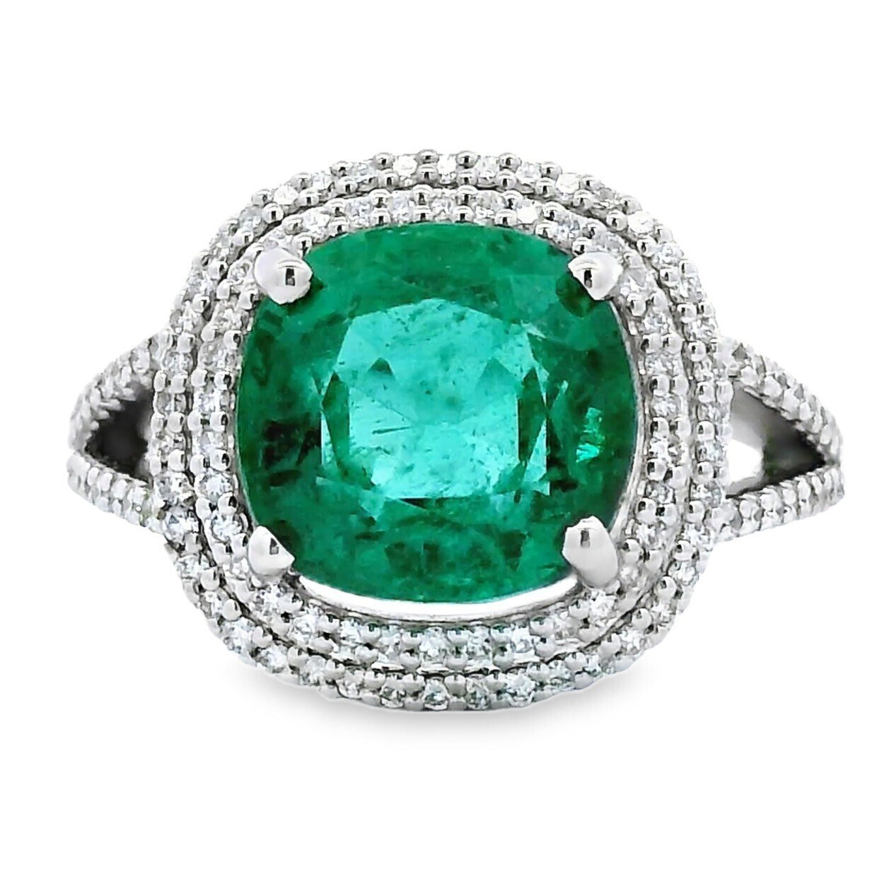 Ring - 18 kt. White gold - 4.29ct. tw. Emerald - Diamond