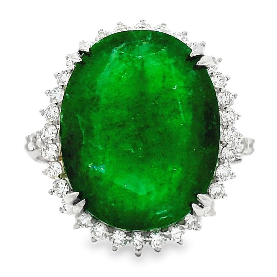 IGI Certified 14K White Gold 8.17 CT Emerald Halo Ring-Shri Hari Gems Jewels