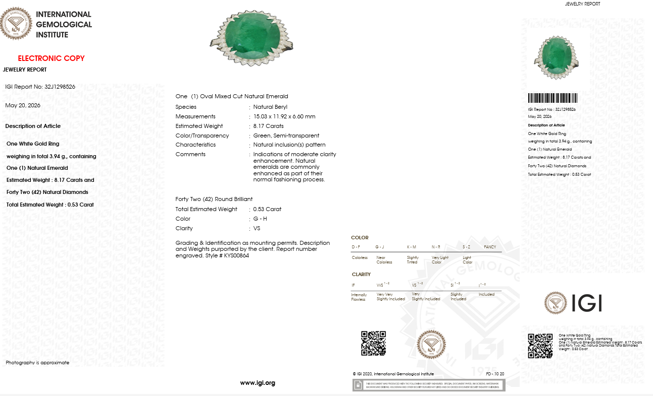 IGI Certified 14K White Gold 8.17 CT Emerald Halo Ring-Shri Hari Gems Jewels