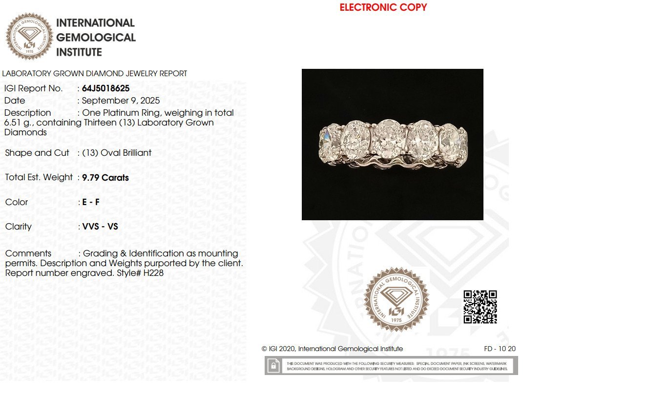 Platinum Eternity Band With 9.79 CT Lab Grown Diamond with IGI Certificate No 64J5018625