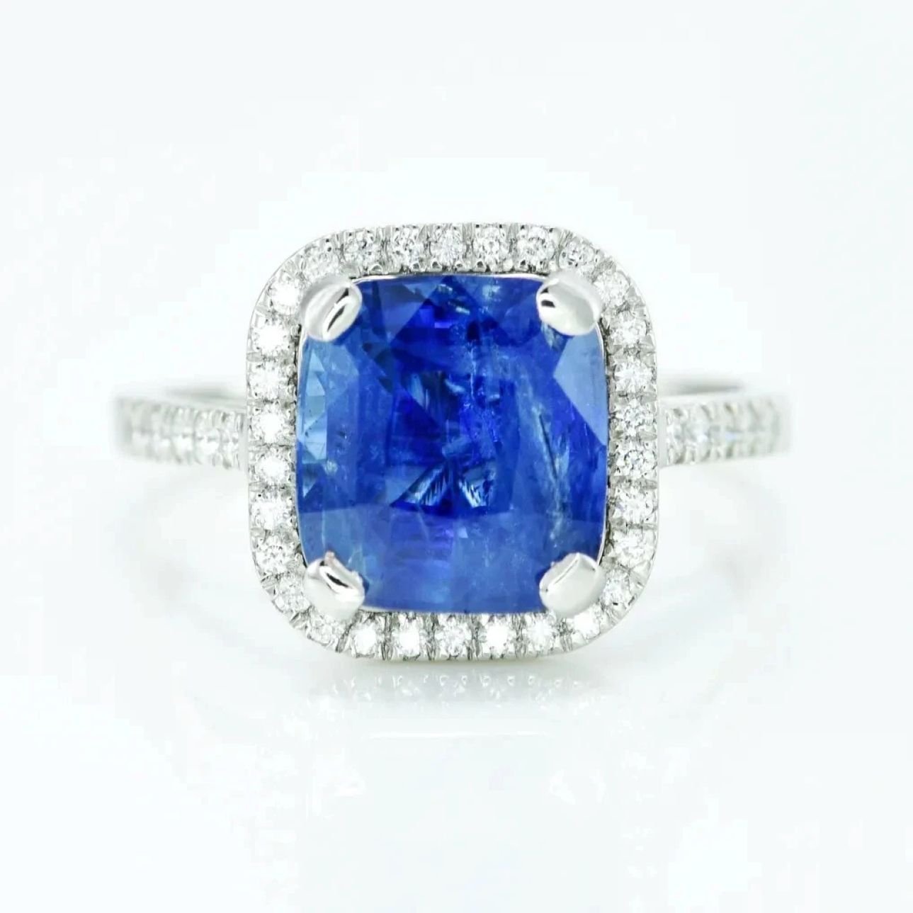 certified cushion natural blue sapphire 4.94 ct diamond halo platinum ring