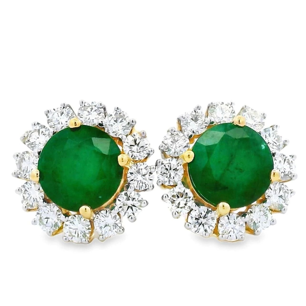 Certified round natural emerald 3.92 ct diamond 18k yellow gold earring