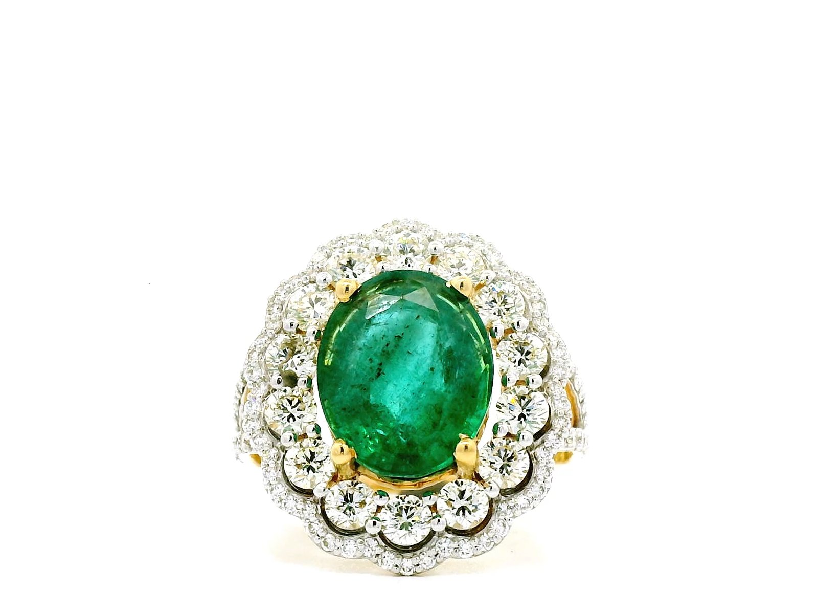 Certified oval natural emerald 6.25 ct diamond 18k yellow gold ring 