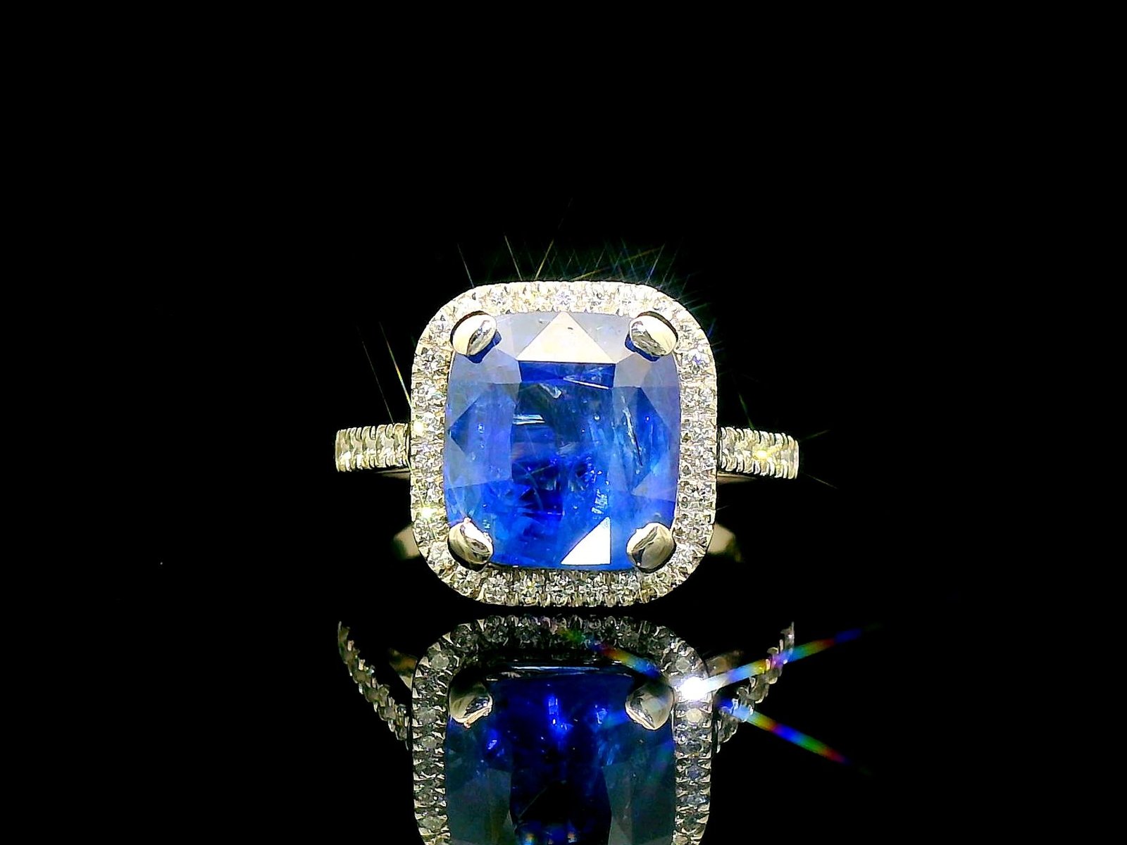Certified platinum cushion blue sapphire 4.94 ct diamond ring